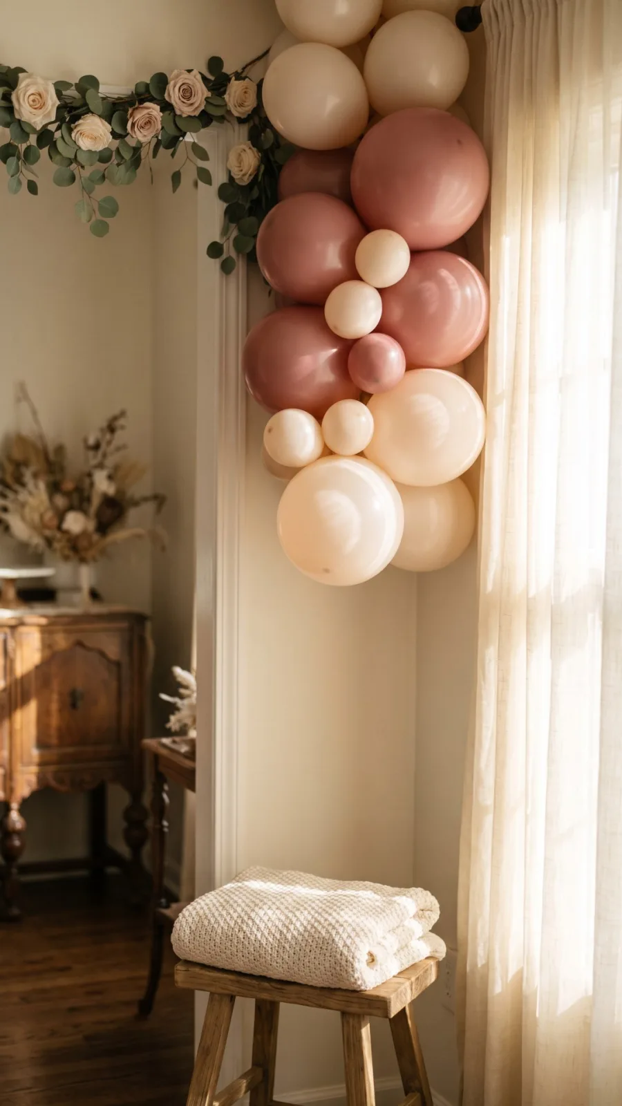 Rincón de baby shower en rosa polvo con rosas y eucalipto