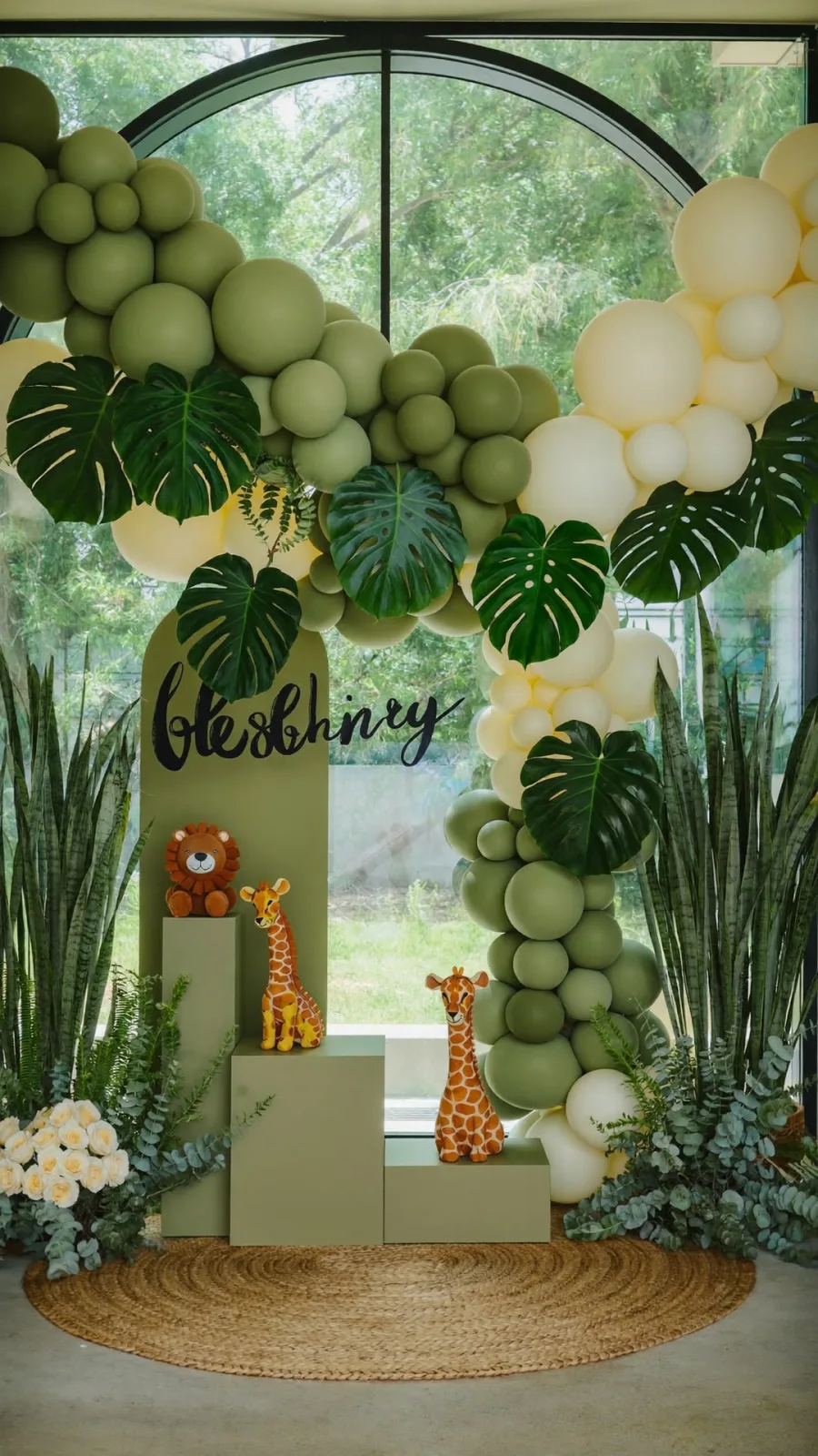 Rincón de baby shower con animalitos de safari en tonos tierra