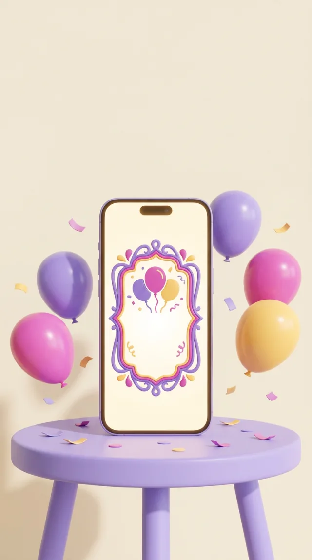 La invitacion digital de CumpleClick abierta en un telefono, rodeada de globos