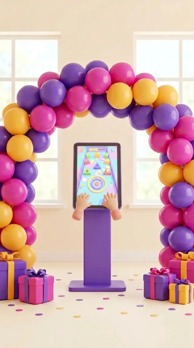 El kiosco mostrando un juego de la tematica, con dos manos de nino tocando la pantalla